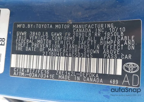 2010 Toyota Corolla Le from USA, damaged, VIN 2T1BU4EE4AC503045